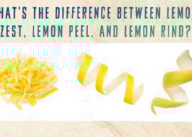 A white background featuring lemon zest, lemon rind, and lemon peel. The text reads, "What's the Difference Between Lemon Zest, Lemon Peel, and Lemon Rind?"