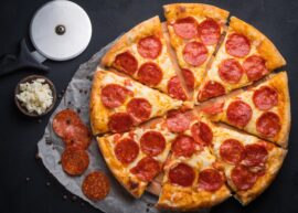 Pepperoni pizza, sliced up