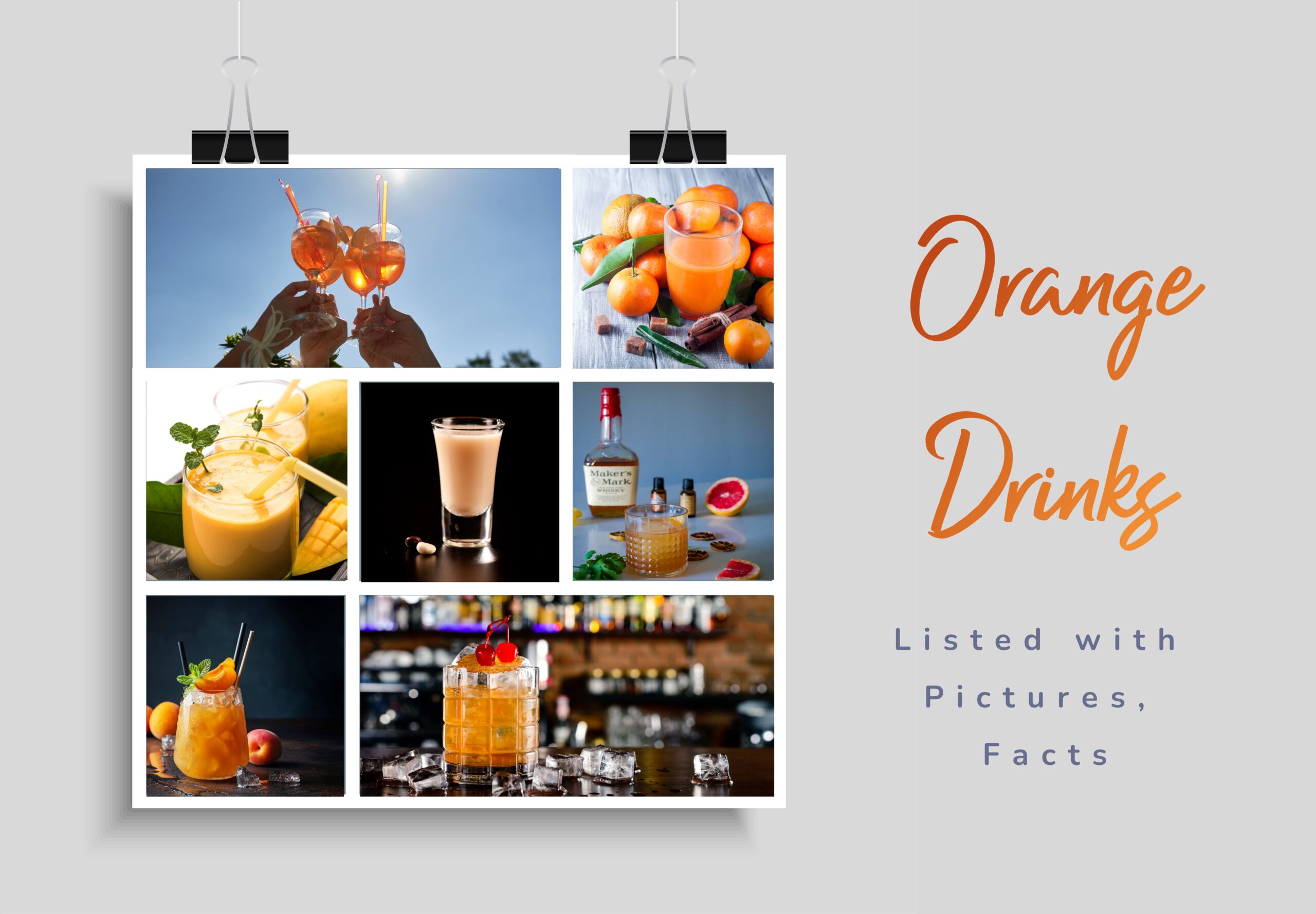 Collage of seven images showing different orange drinks and ingredients.