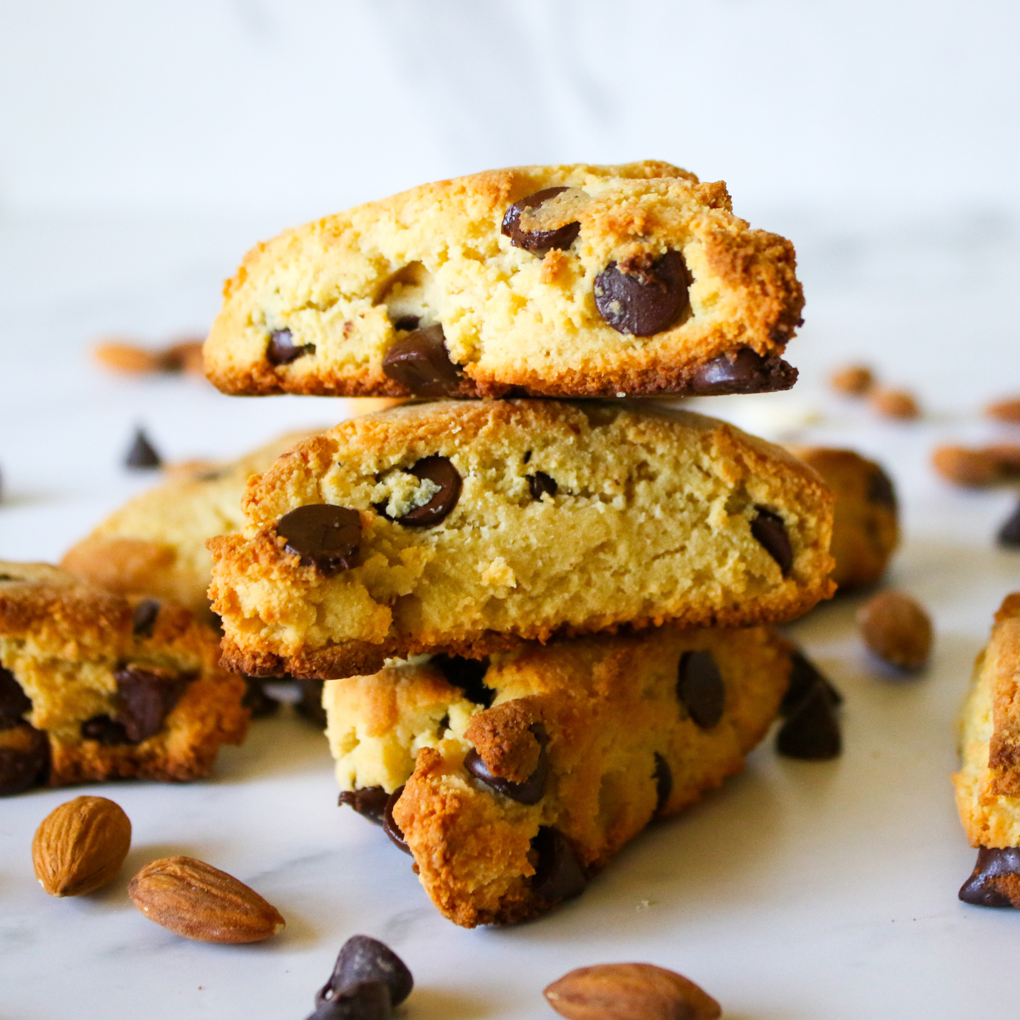 Almond flour chocolate chip scones on a countertop.