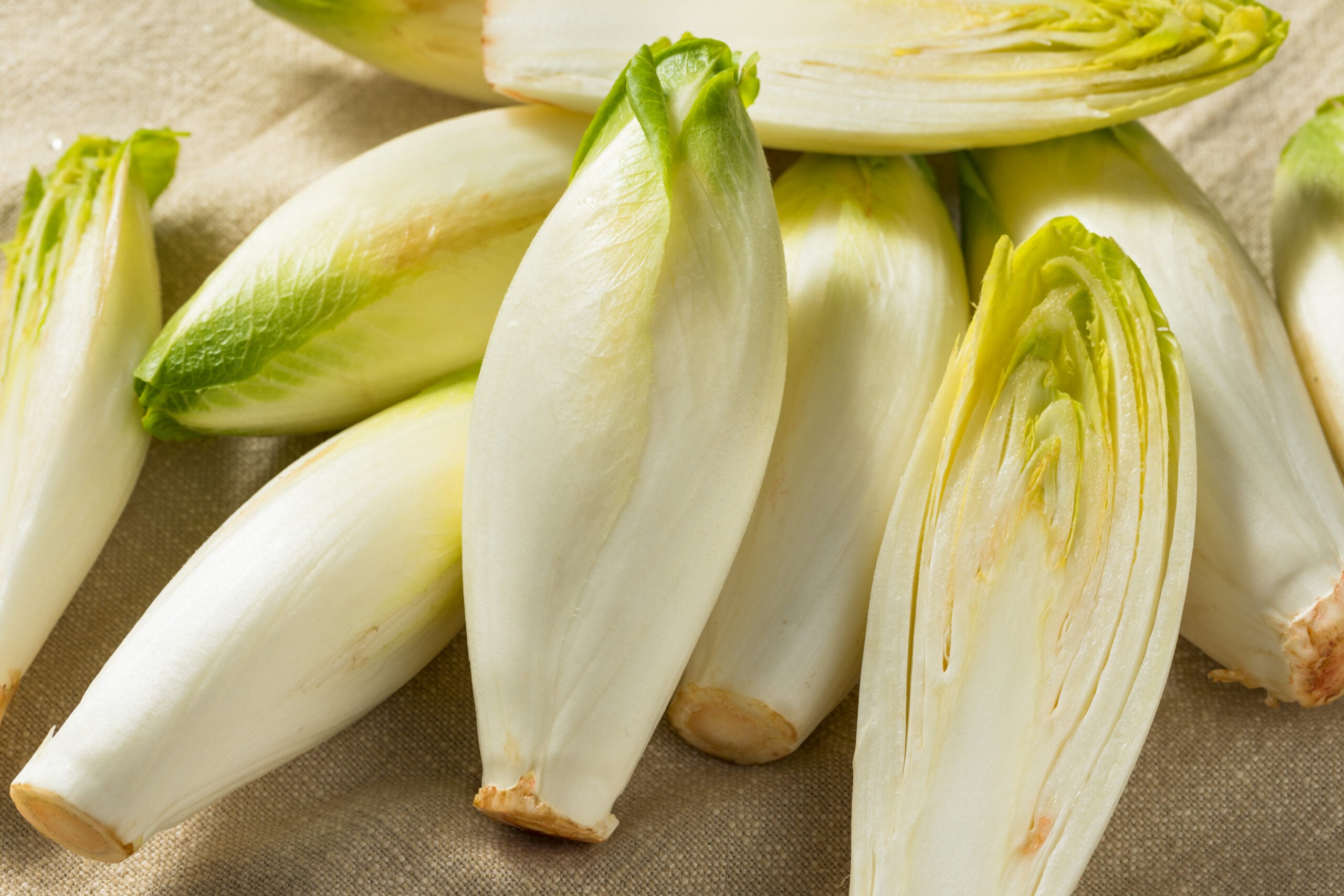 A mound of organic endives sitting on a burlap tablecloth. 