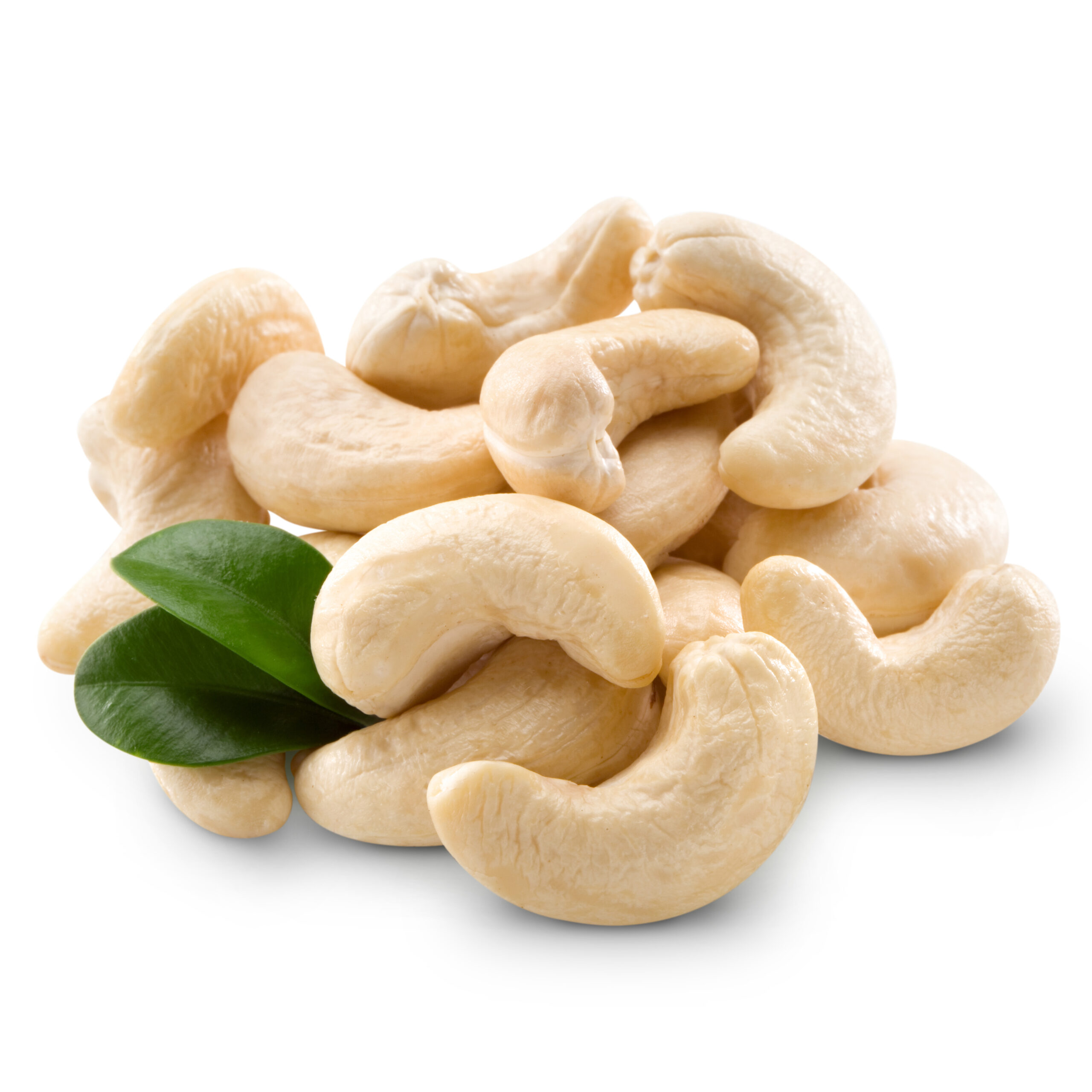 A mound of cashews isolated on a white background.