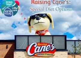 A Raising Cane's restaurant and label of three different types of diets. The text reads, "Raising Cane's: Special Diet Options."