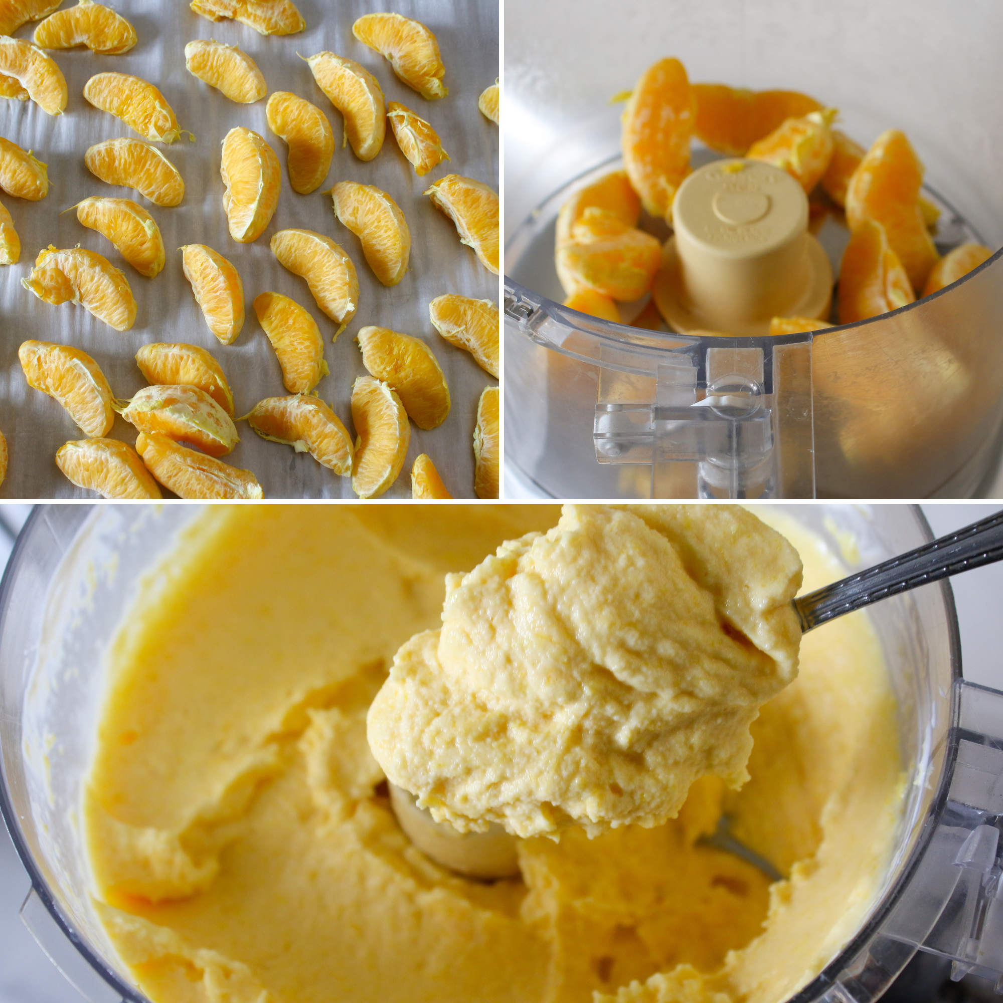 A food processor filled with frozen oranges, blended until smooth.