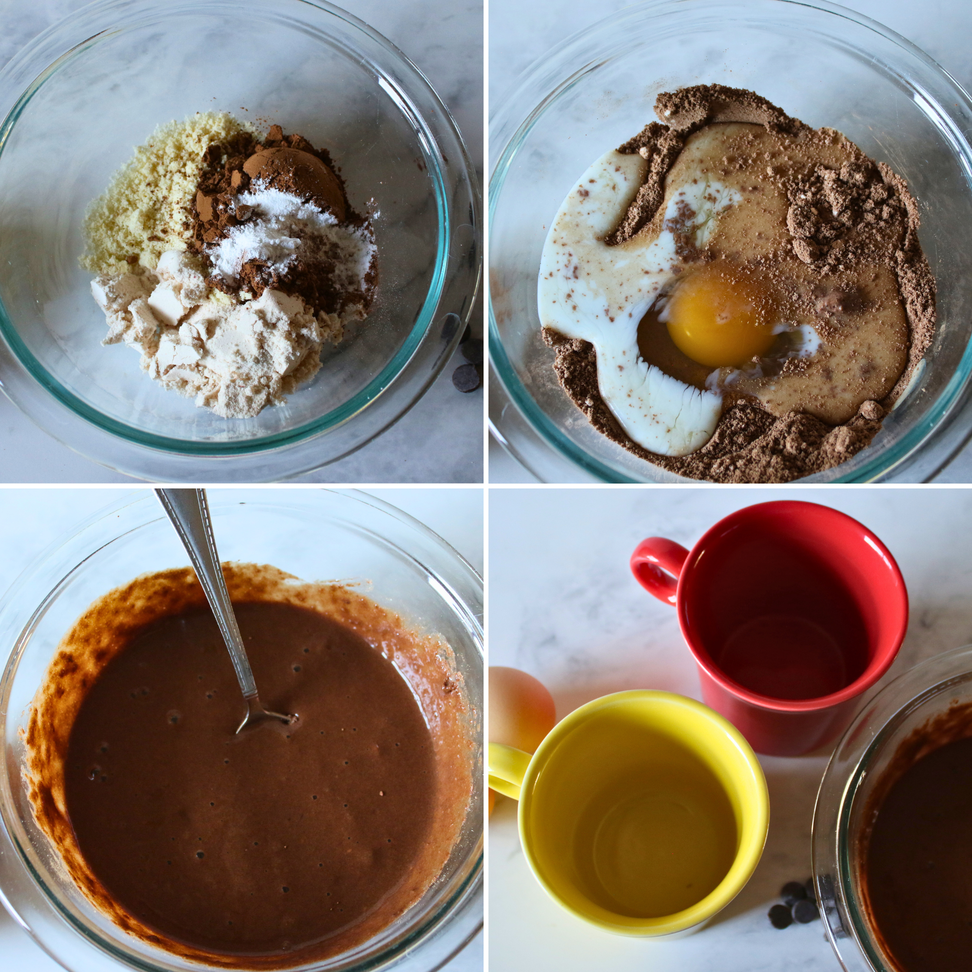 A bowl of flour, protein powder, eggs, and milk, mixed into a batter and poured into a mug.