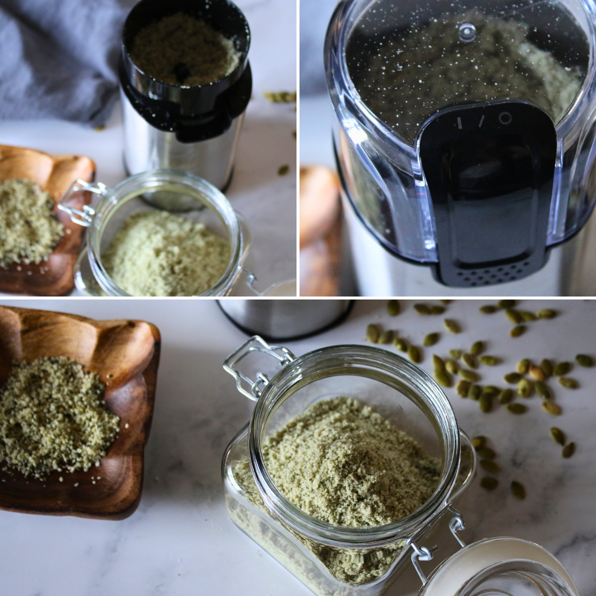 A spice grinder filled with hemp seeds and a jar filled with ground pumpkin seeds.