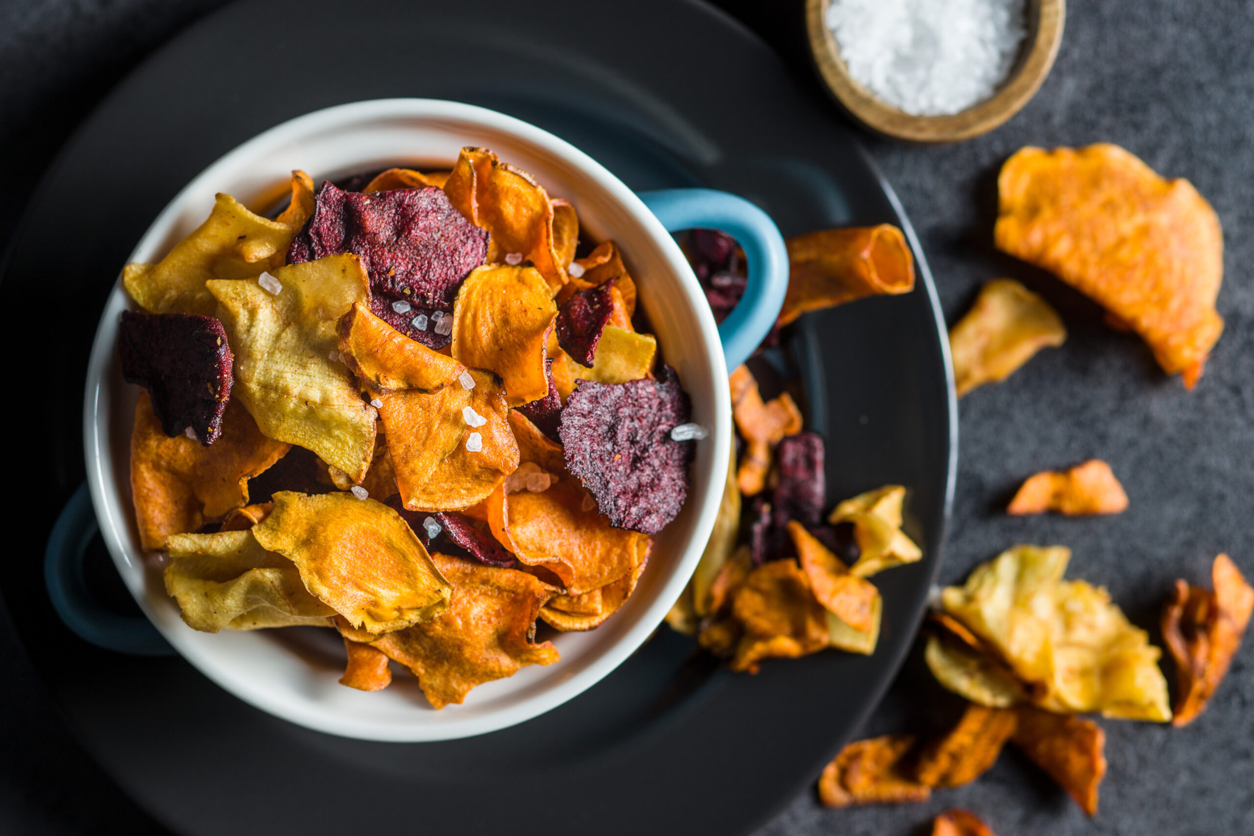 Top view of a portion of fried rainbow veggie chips.