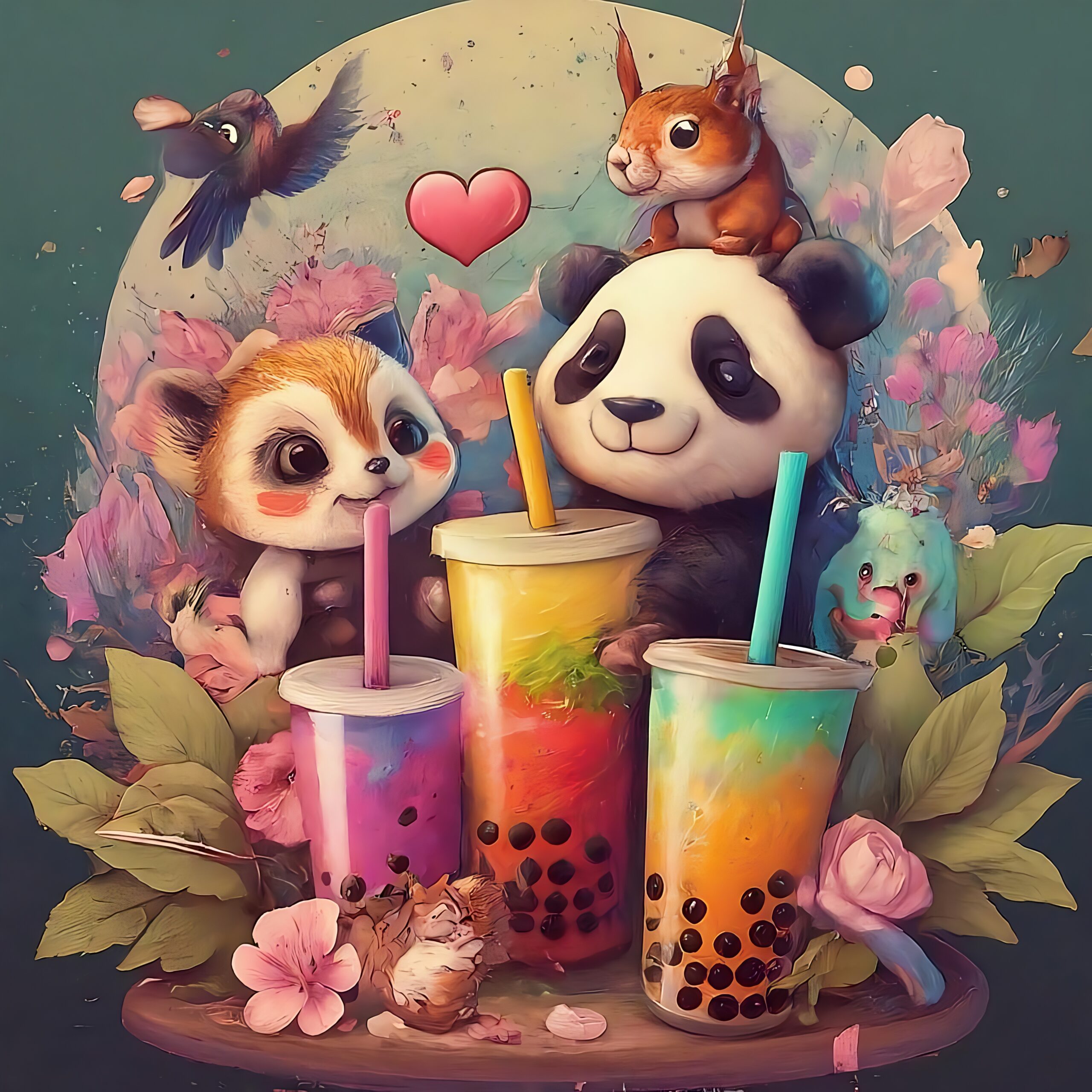 Rainbow, Bubble, Tea. Cartoon-style poster design featuring multiple fairy tale characters and three cups pf rainbow bubble tea.