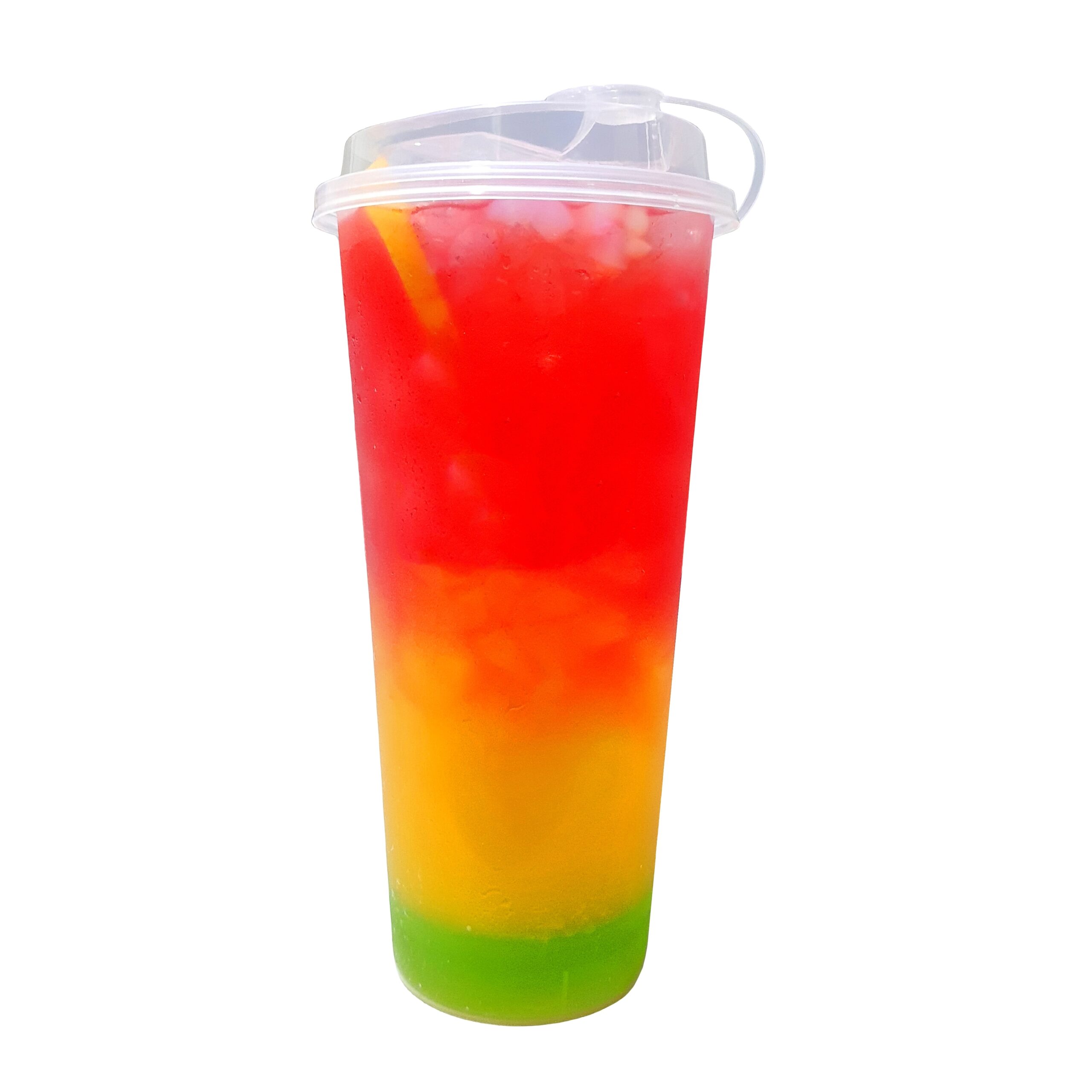 Refreshing,Ice,Cold,Rainbow,Lemonade A plastic cup of rainbow lemonade isolated against a white backdrop.