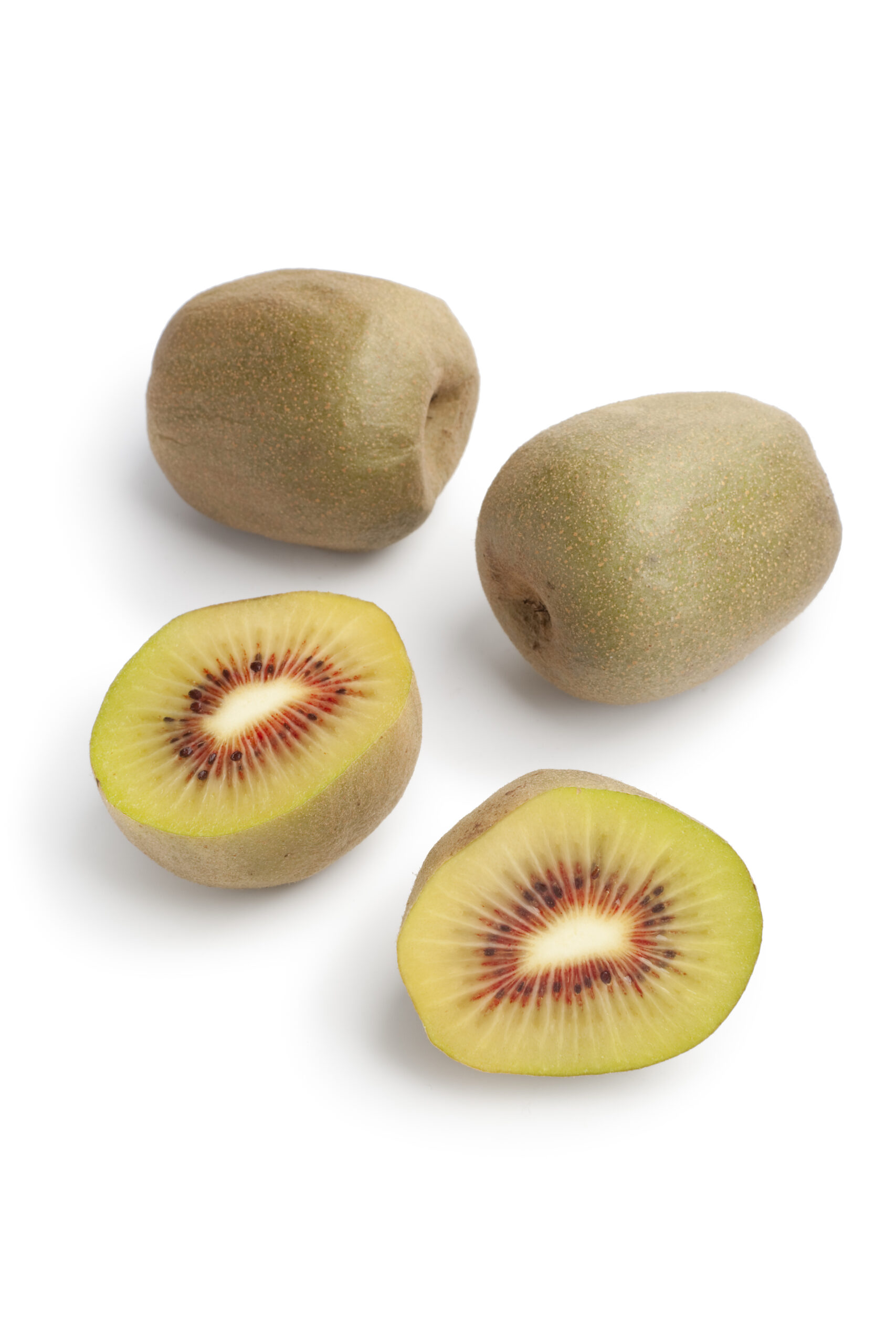 A white backdrop showcasing a few rainbow kiwis. 