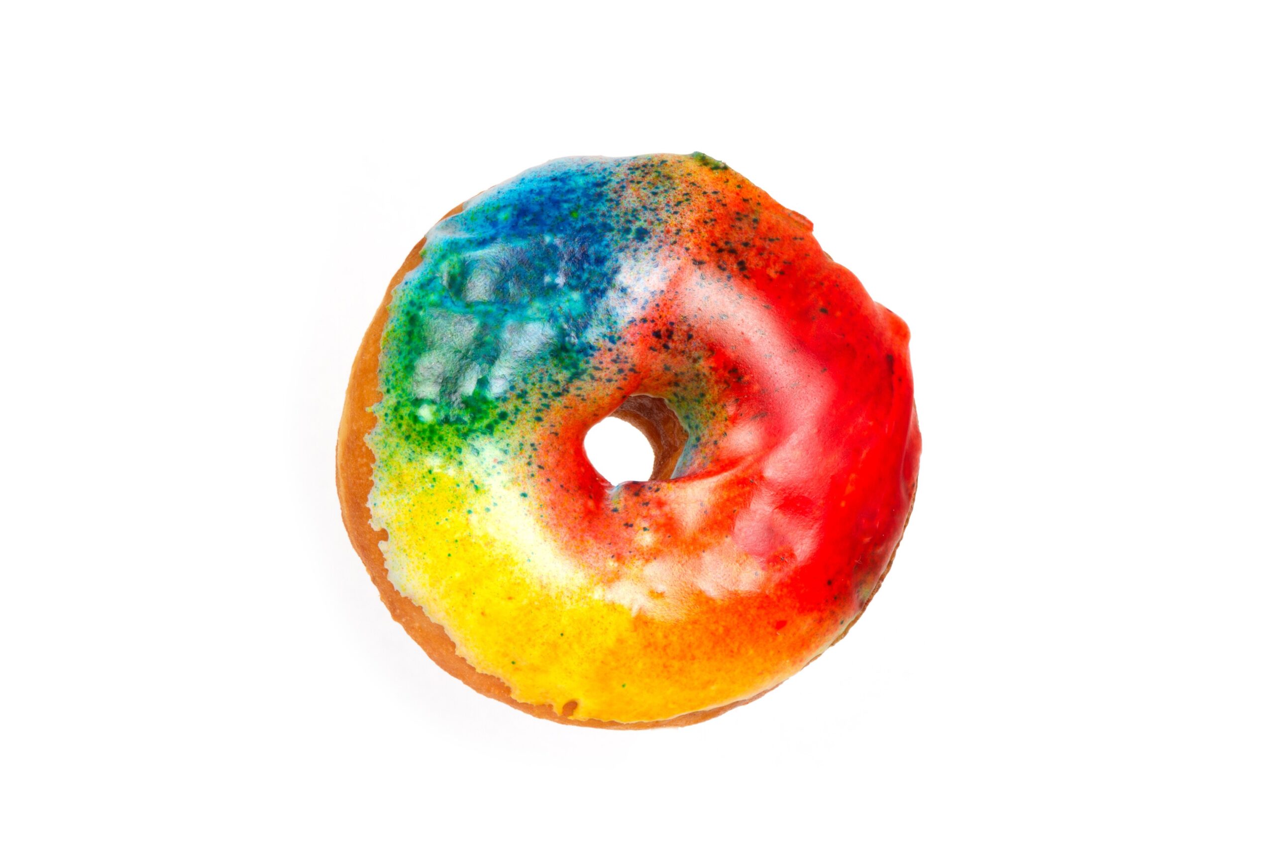 A single rainbow donut on a white background. 