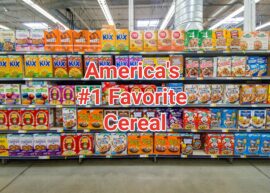 A shelf of various cereal boxes with "America's #1 Favorite Cereal" written.