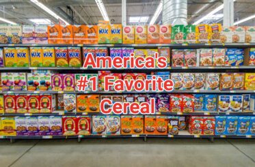 A shelf of various cereal boxes with "America's #1 Favorite Cereal" written.