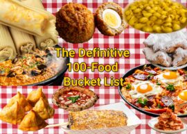 "The Definitive 100-Food Bucket List" with various foods on a red and white checked tablecloth