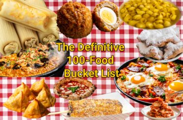 "The Definitive 100-Food Bucket List" with various foods on a red and white checked tablecloth