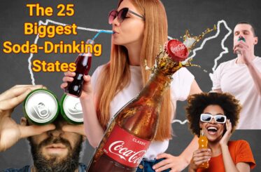"The 25 Biggest Soda-Drinking States" with a map of the US, people drinking soda, and a bottle of Coke.