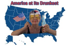 "America at Its Drunkest" map and older woman with an American flag and beer.