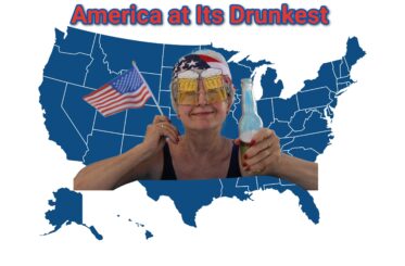 "America at Its Drunkest" map and older woman with an American flag and beer.
