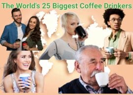 "The World's Biggest Coffee Drinkers" with various people drinking coffee over a world map.