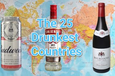 "25 drunkest countries" with a global map and different alcohols