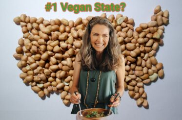 "#1 Vegan State?" with a smiling woman making salad over the US map.