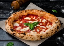 Neopolitan pizza with basil in the middle