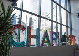 Sign spelling out "Charlotte" at the Charlotte convention center North Carolina