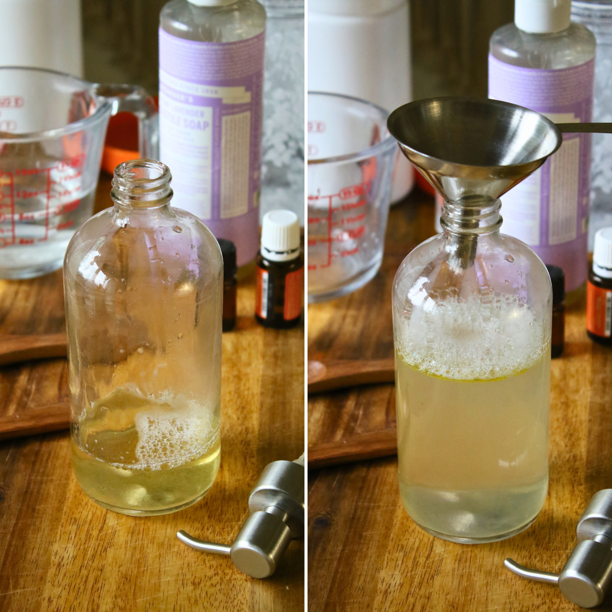 Castile soap in a glass bottle, topped with water and essential oils. 