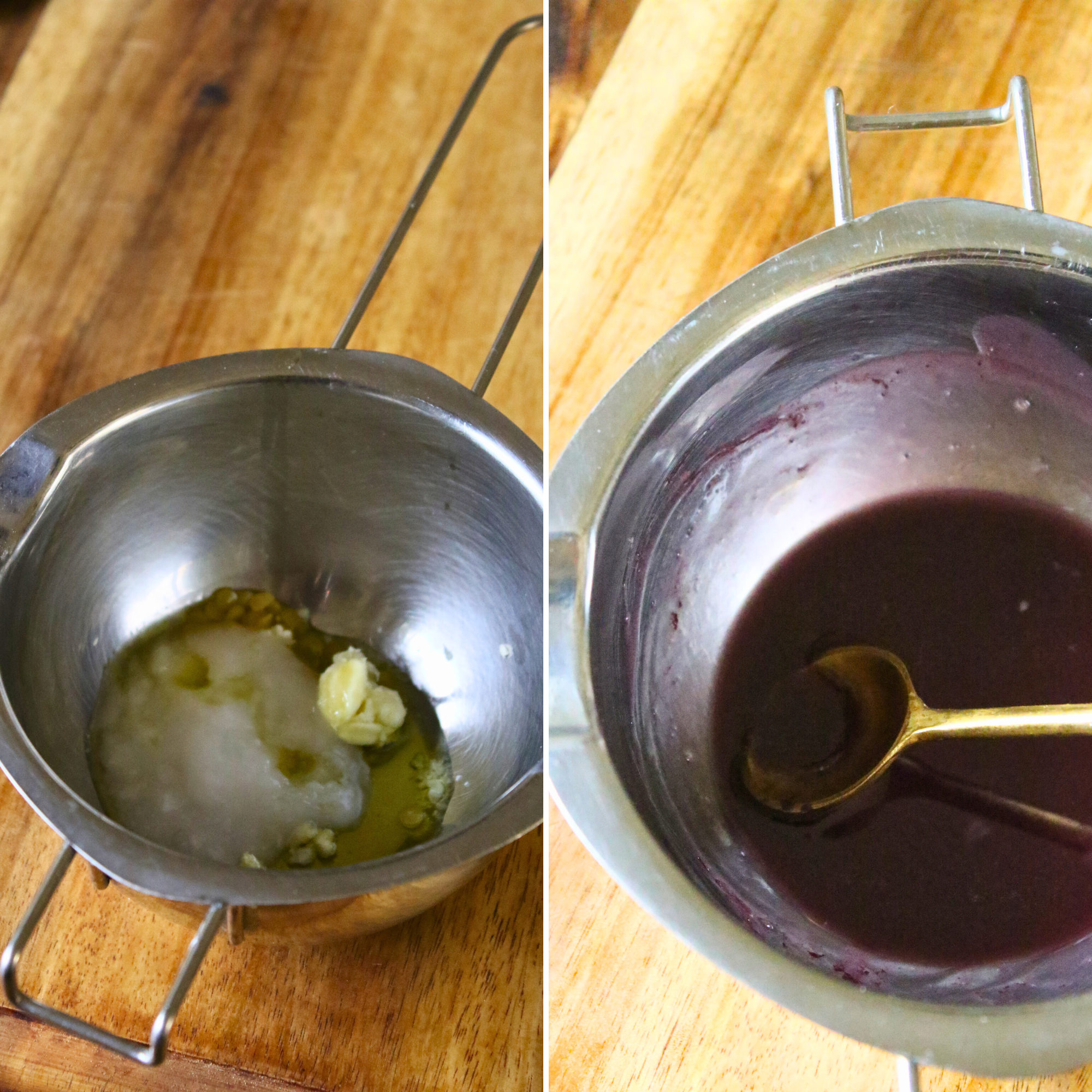 A double boiler with melted coconut oil and wax. 