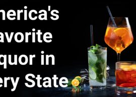 Three glasses of alcoholic drinks on a black background; white text on left reads: "America's Favorite Liquor in Every State"