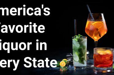 Three glasses of alcoholic drinks on a black background; white text on left reads: "America's Favorite Liquor in Every State"