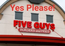 Five Guys Burgers and Fries logo on a building with "Yes Please!" written above in red letters