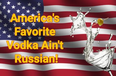 American flag background with a splashing vodka martini and "America's Favorite Vodka Ain't Russian!"