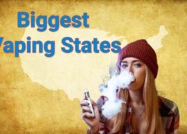 "Biggest Vaping States" with woman vaping over a map of the U.S.