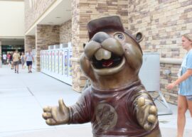 Buc-ee's beaver in bronze with patterned stone behind it