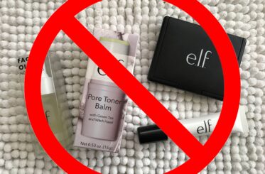 Various e.l.f. beauty products with a "no" sign over them.