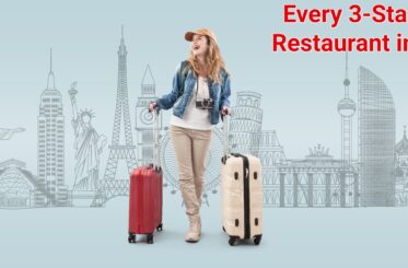 "Every three-star Michelin restaurant in the world" with a woman with suitcases looking at outlines of famous buildings from around the globe.