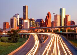 Houston skyline with time-elapsed highway traffic
