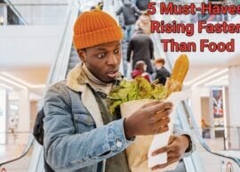 "5 Must-Haves Rising Faster Than Food" guy looking at large grocery bill.