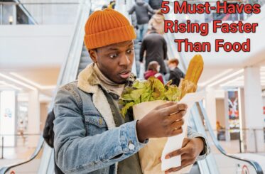 "5 Must-Haves Rising Faster Than Food" guy looking at large grocery bill.