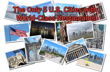"The Only 5 U.S. Cities with World-Class Restaurants" over a postcard montage of U.S. cities.