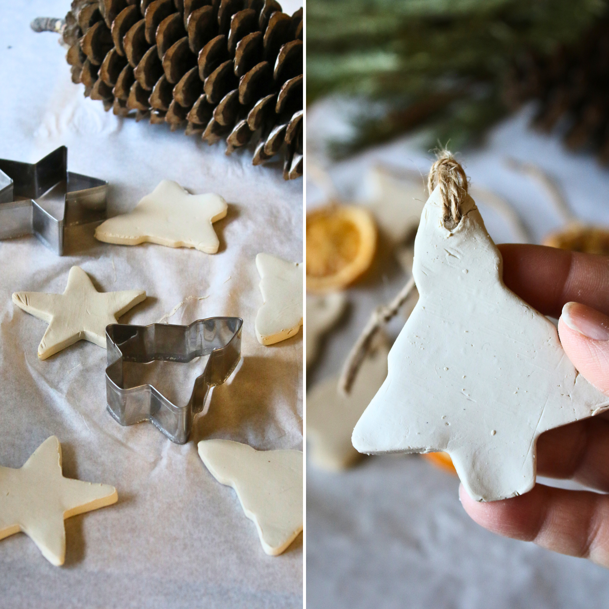 Homemade dry clay ornaments shaped into stars and trees.