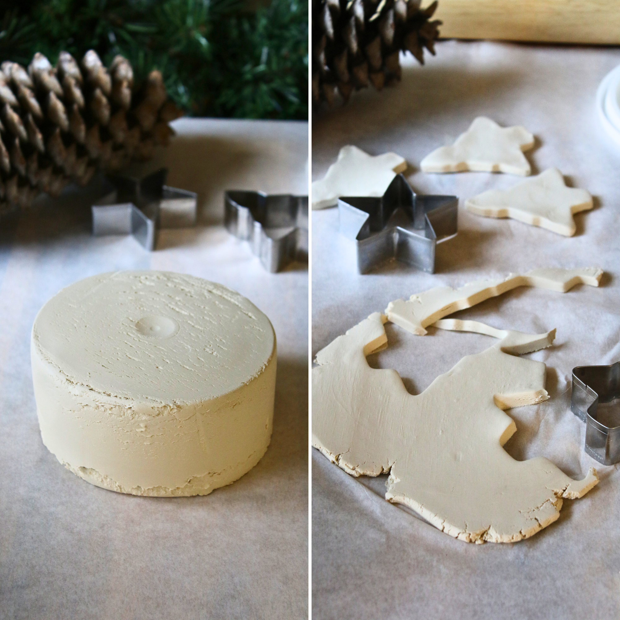 A ball of air dry clay, rolled out and cut into stars and tree shapes.