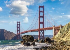 Golden Gate Bridge seen from Marshall Beach in San Francisco, CA.