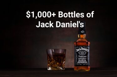 Bottle of Jack Daniel's whiskey with a filled glass next to it. And superimposed above them, in white text, reads: "$1,000+ Bottles of Jack Daniel's"
