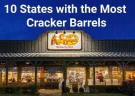 Cracker Barrel store with text above that says: "10 States with the Most Cracker Barrels"