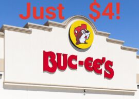 Buc-ee's sign with "Just $4!" written above it in orange text