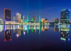 Toledo, OH, downtown skyline over the Maumee River in twilight