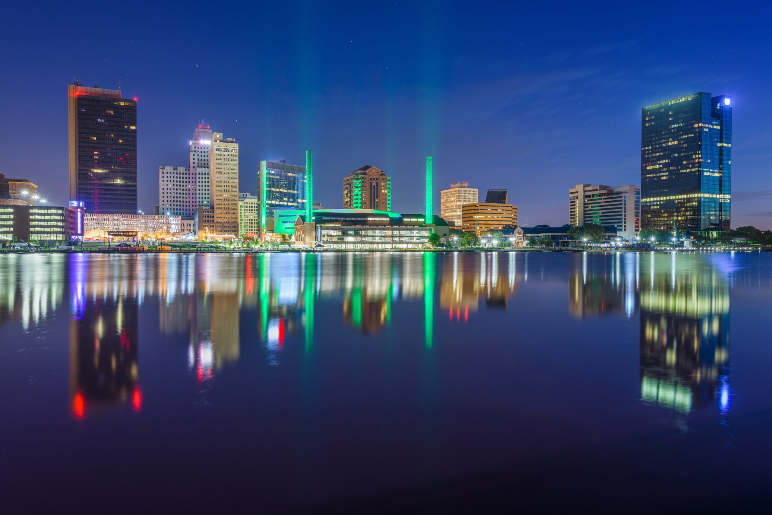 Toledo, OH, downtown skyline over the Maumee River in twilight