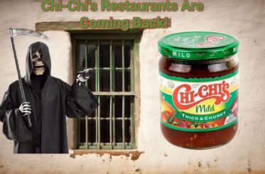 "Chi-Chi's Restaurants Are Coming Back!" with a grim reaper and a jar of Chi-Chi's salsa over an adobe wall.